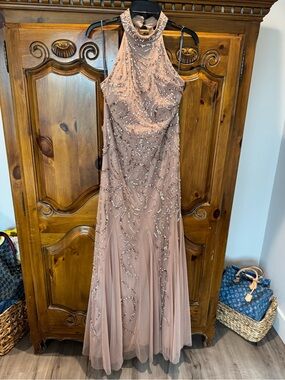Adrianna Papell Blush Beaded Halter Prom Gown